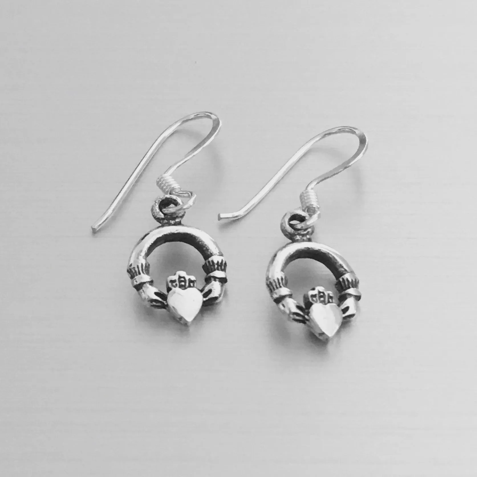 Sterling Silver Small Dangle Claddagh Earrings, Irish Earrings, Silver Earrings, Friendship Earrings