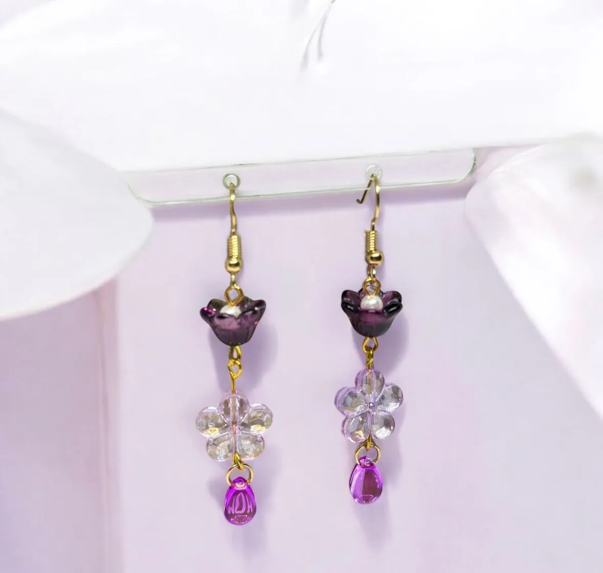 Whimsical - Purple flower earrings | golden leaf mini flower earrings | elegant floral dangle chain earrings